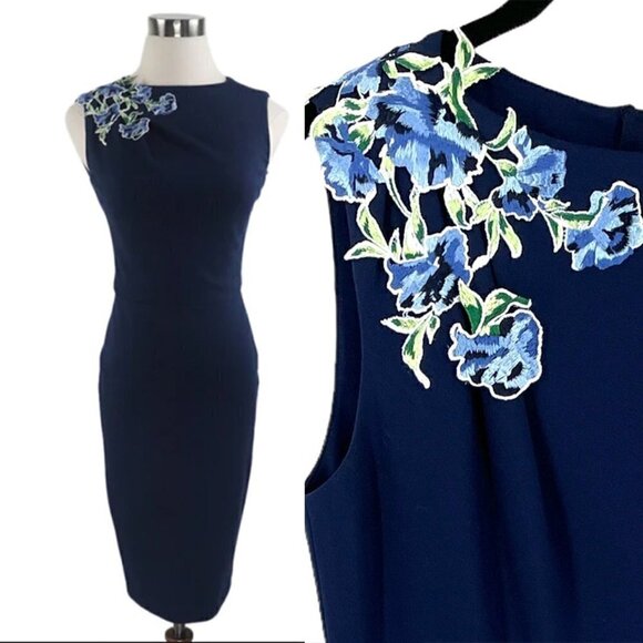 Jason Wu Collection Embroidered Floral Applique Navy Sleeveless Sheath Dress 2 - Picture 1 of 10